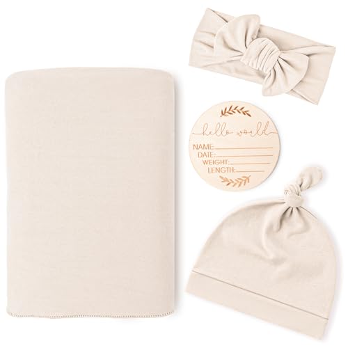 Konssy Baby Girl Swaddle Blanket Set with Headband and Beanie 1