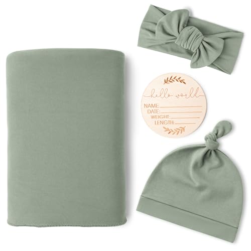 Konssy Baby Swaddle Blanket with Headband and Beanie Set