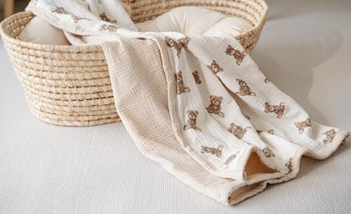 Little Jump 2-Layer Muslin Baby Blanket - Teddy Bear Design 47x47 Inches