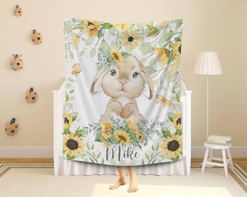 Customized Bunny Sunflower Baby Blanket with Name