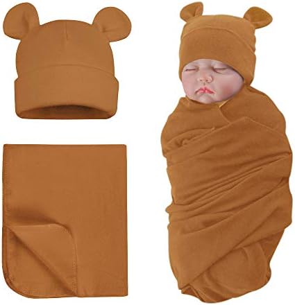 PESAAT Cotton Baby Swaddle Hat Set for Newborn Boys Girls