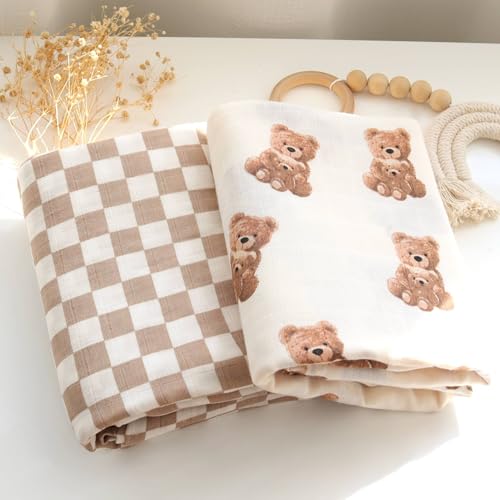 LifeTree Muslin Swaddle Blanket Bear Checkered Design 47x47 Inches