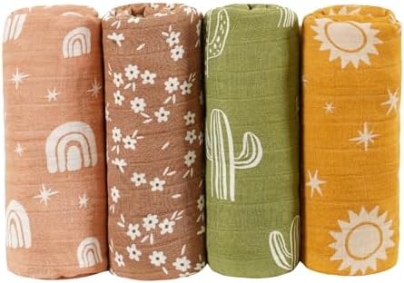 4 Set Muslin Swaddle Blankets with Cactus Print for Newborn