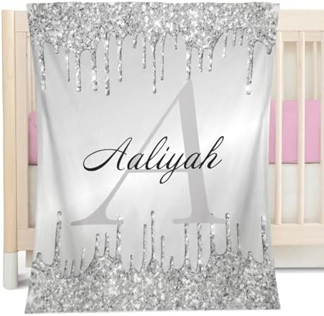 Personalized Baby Blanket with Monogram Silver Drip Glitter 1