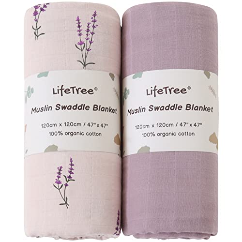 LifeTree Organic Muslin Swaddle Blanket for Newborn Lavender Mauve