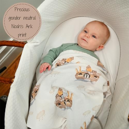 LollyBanks Muslin Swaddle Blanket with Noahs Ark Print