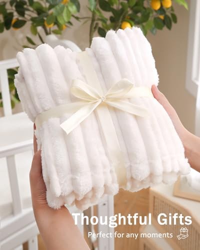 HOMRITAR White 30x40 Baby Blanket with Striped Design
