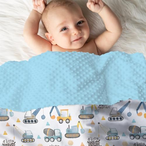 Mink Baby Blanket Blue Yellow Construction Vehicle