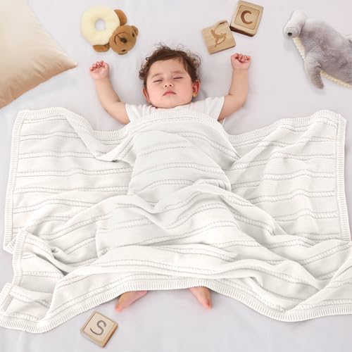 Baby Blanket Cable Knit Cotton Swaddle Neutral White Beige