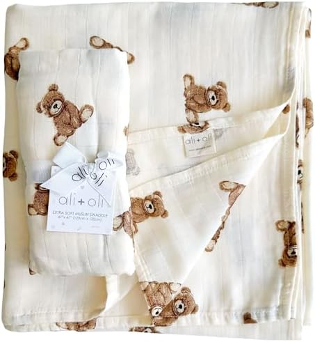 AliOli Muslin Swaddle Blanket Teddy Bear Large 47x47