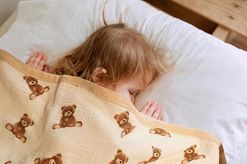 Little Jump 2-Layer Muslin Baby Blanket - Teddy Bear Design 47x47 Inches