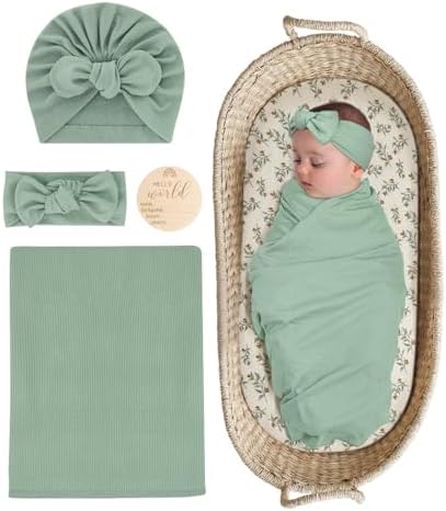 ZURLEFY Stretchy Swaddle Blanket with Matching Headband and Hat Set