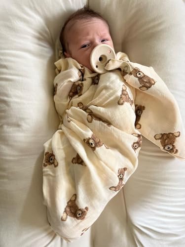 AliOli Muslin Swaddle Blanket Teddy Bear Large 47x47