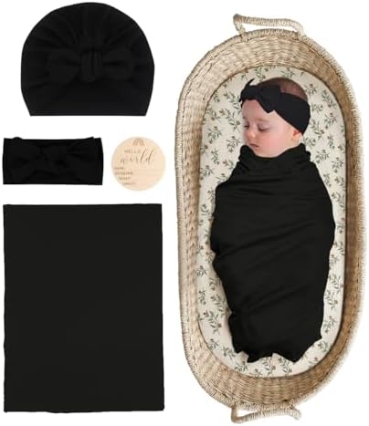 ZURLEFY Stretchy Swaddle Blanket with Matching Hat and Headband Set