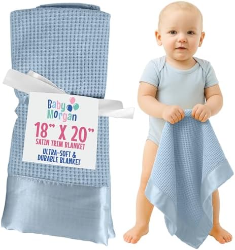 Premium Thermal Waffle Baby Blanket - Blue Satin Trim 18 x 20