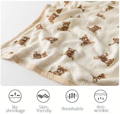 Little Jump 2-Layer Muslin Baby Blanket - Teddy Bear Design 47x47 Inches