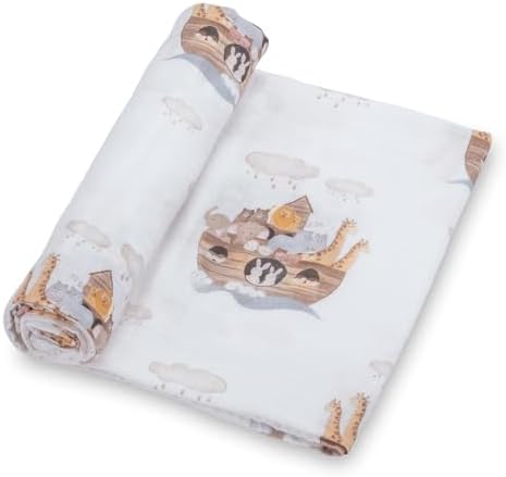 LollyBanks Muslin Swaddle Blanket with Noahs Ark Print