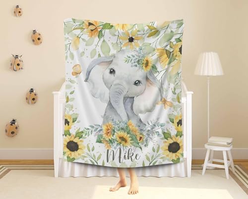 Personalized Sunflower Elephant Baby Blanket