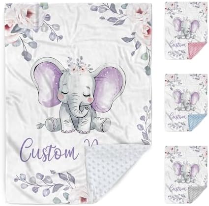 Custom Baby Blanket with Name Purple Elephant Double Layer Dotted Swaddle Blanket