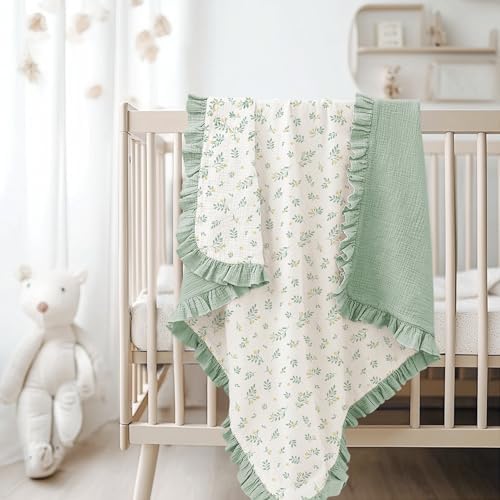 Konssy Flounce Muslin Baby Blanket 40x36 Leafy Design