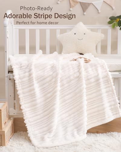 HOMRITAR White 30x40 Baby Blanket with Striped Design