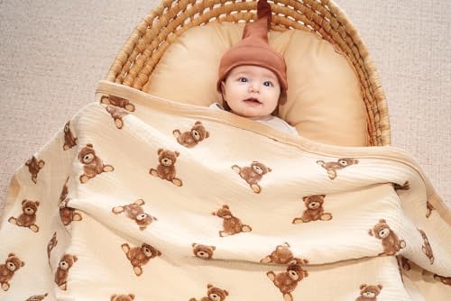 Little Jump 2-Layer Muslin Baby Blanket - Teddy Bear Design 47x47 Inches