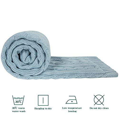 NTBAY 100 Pure Cotton Cable Knit Toddler Blanket - Baby Blue 30x40 Inches