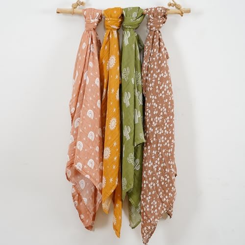 4 Set Muslin Swaddle Blankets with Cactus Print for Newborn