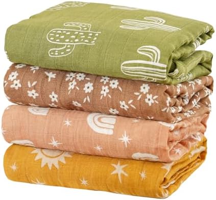 4 Set Muslin Swaddle Blankets with Cactus Print for Newborn