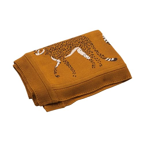 Creative Co-Op Soft Cotton Knit Baby Blanket with Cheetahs Mustard 1