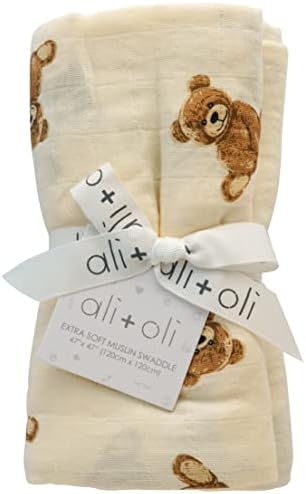AliOli Muslin Swaddle Blanket Teddy Bear Large 47x47