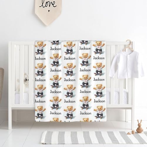 Personalized Bear Baby Blanket with Custom Name for Boys