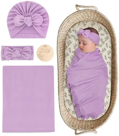 ZURLEFY Stretchy Swaddle Blanket with Matching Hat and Headband Set 1