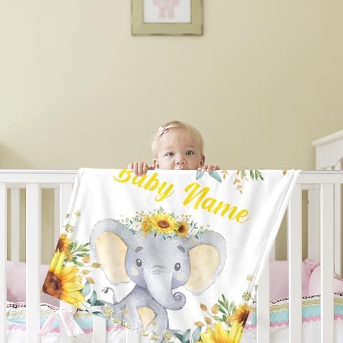 Custom Elephant Baby Blanket with Name - Soft Fleece Blanket for Newborn