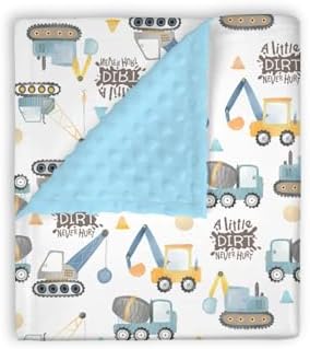 Mink Baby Blanket Blue Yellow Construction Vehicle