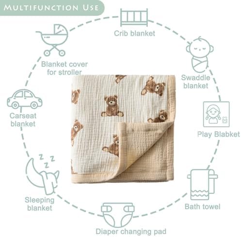 Little Jump 2-Layer Muslin Baby Blanket - Teddy Bear Design 47x47 Inches