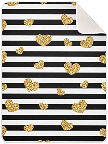 Pigsaly Black White Stripes Toddler Blanket 30x40in Gold Heart Glitter