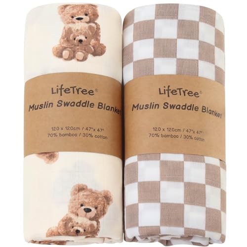 LifeTree Muslin Swaddle Blanket Bear Checkered Design 47x47 Inches