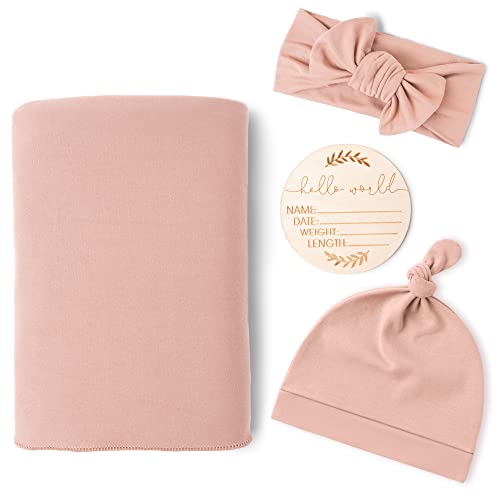 Konssy Baby Girl Swaddle Blanket Set with Headband and Beanie