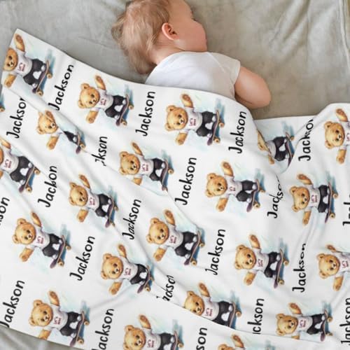 Personalized Bear Baby Blanket with Custom Name for Boys