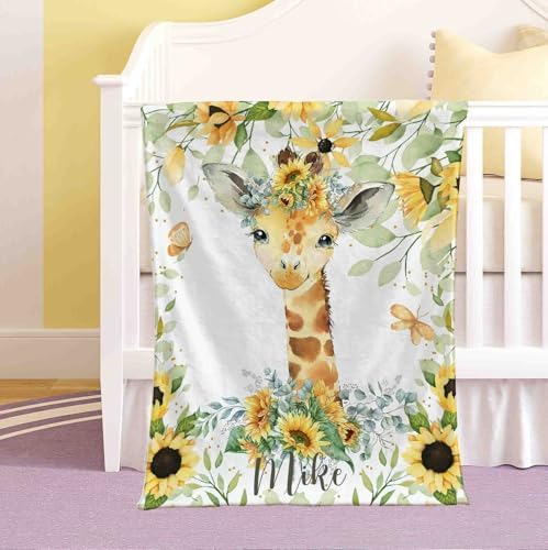 Personalized Fluffy Sherpa Baby Blanket with Sunflower Giraffe Design