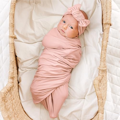 Konssy Baby Girl Swaddle Blanket Set with Headband and Beanie