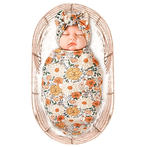 Konssy Baby Girl Swaddle Blanket with Headband Set