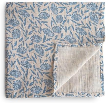Mushie Muslin Swaddle Blanket - Organic Cotton Blue Flowers