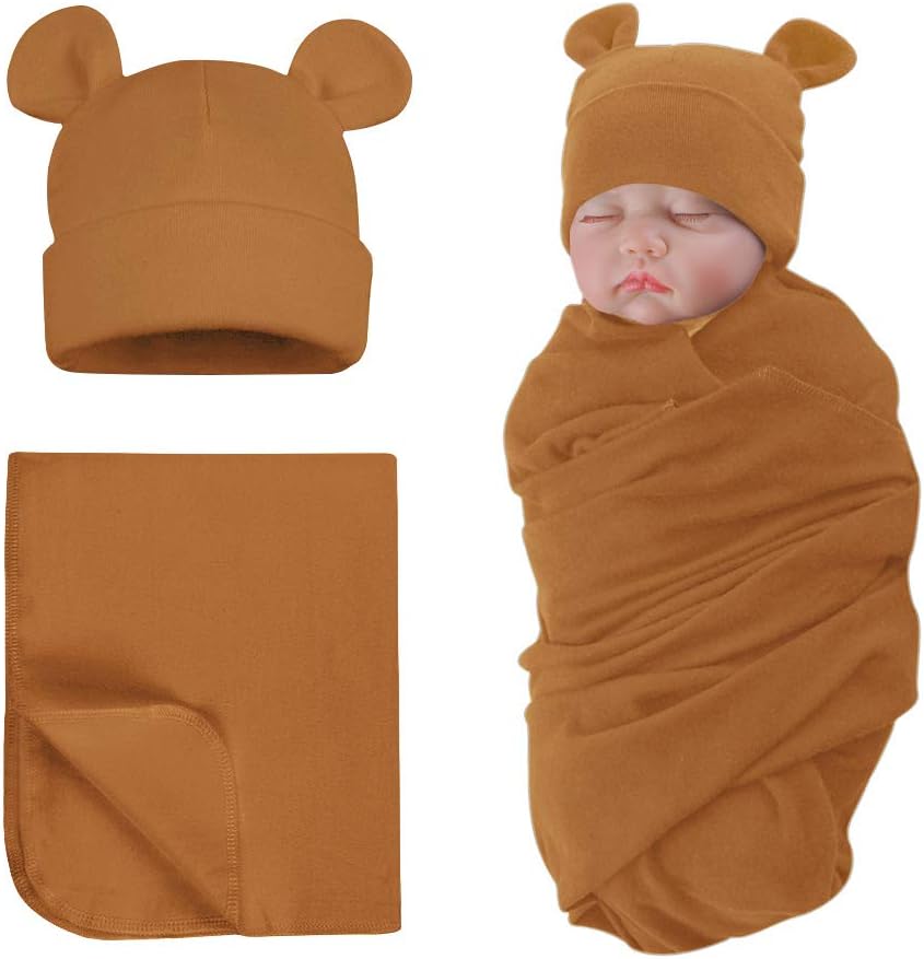 PESAAT Cotton Baby Swaddle Hat Set for Newborn Boys Girls