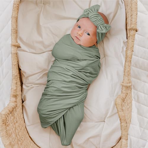Konssy Baby Swaddle Blanket with Headband and Beanie Set