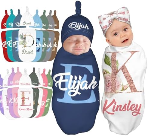 Personalized Baby Swaddle Blanket with Crib Hat - Initial Style