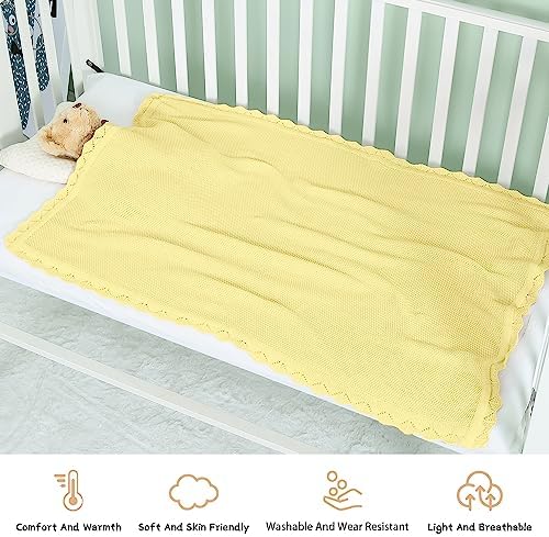 100 Cotton Baby Blanket Knit Soft Warm Lemon Yellow 30x40 Inches