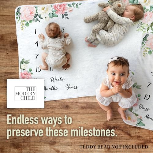 Modern Child Baby Milestone Blanket - Soft Fleece with Pink Flowers 60x40 Inch