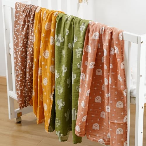 4 Set Muslin Swaddle Blankets with Cactus Print for Newborn